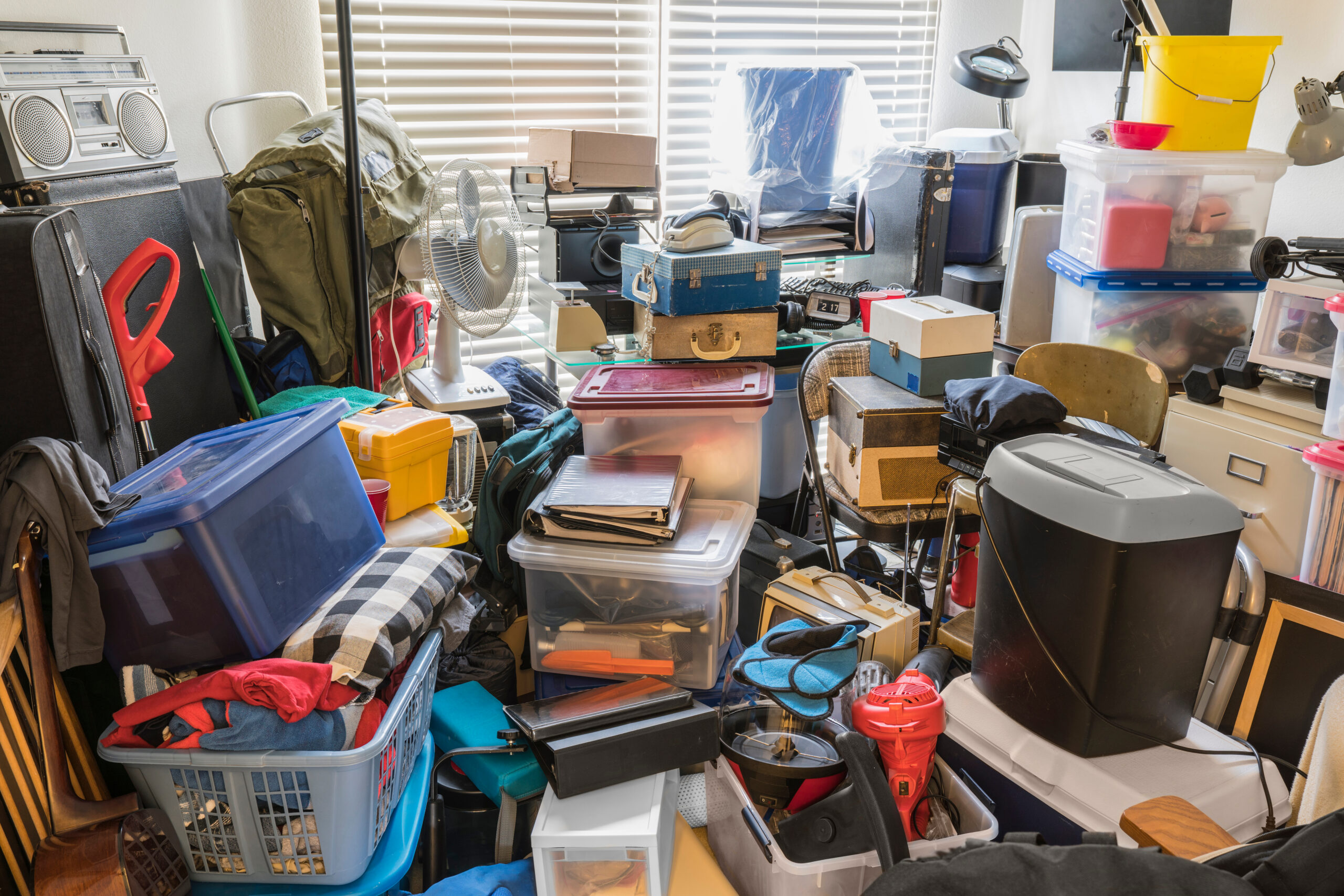 Hoarder,Room,Packed,With,Boxes,,Electronics,,Business,Equipment,,Household,Objects
